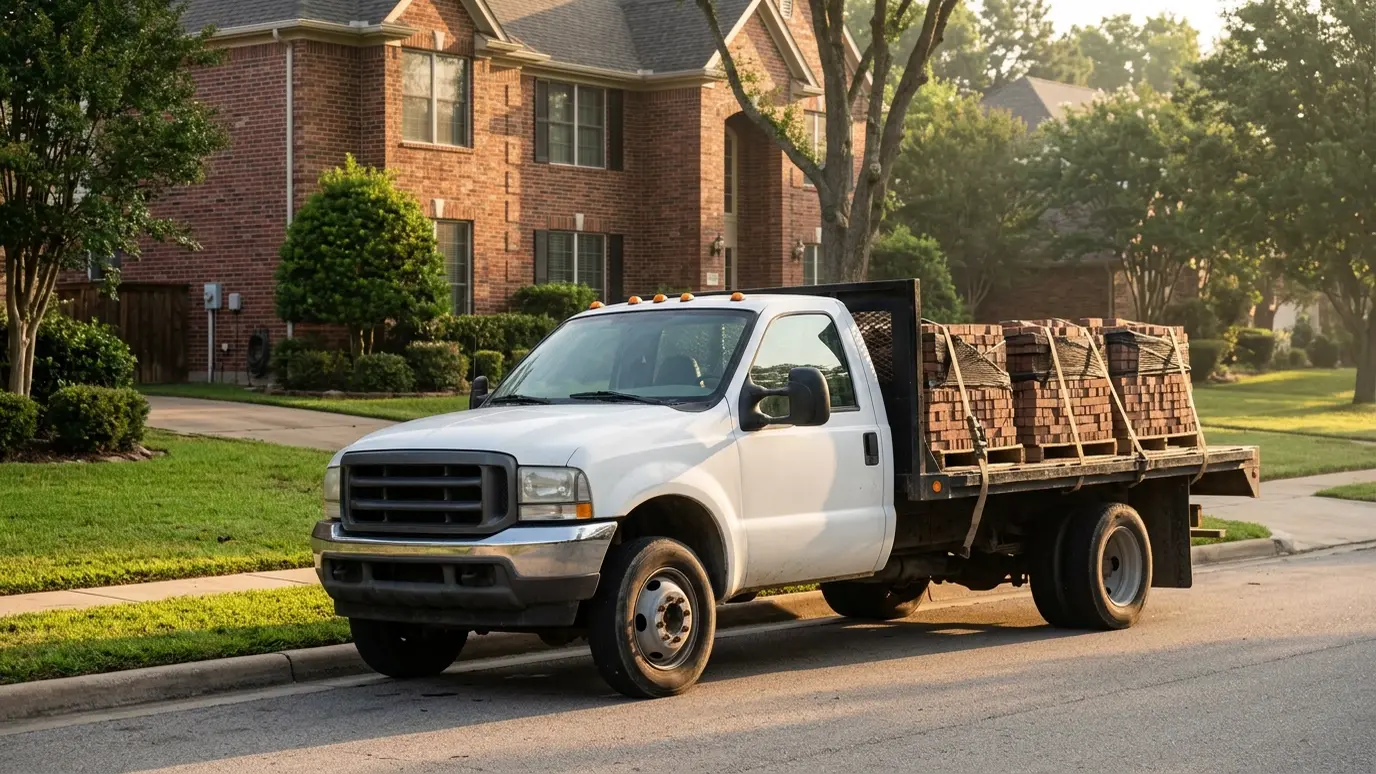 A white work truck loaded with pallets of red brick parked in front of a brick home in warm morning light