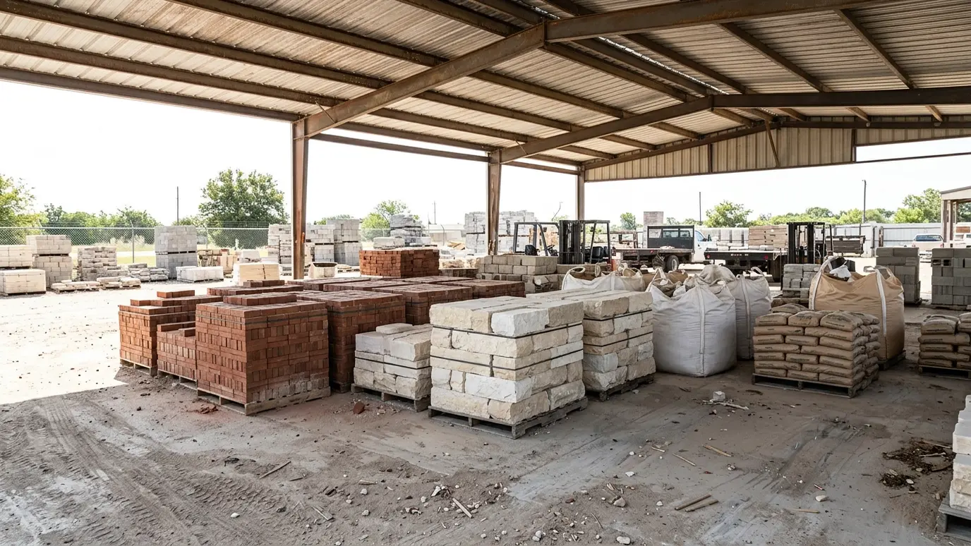A masonry yard with neat stacks of red brick, limestone blocks and bagged sand under a canopy in bright light