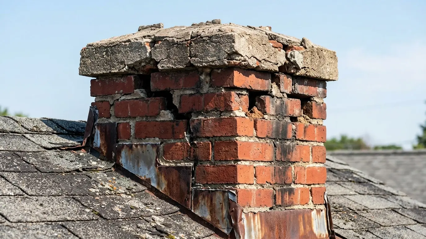 Before: a brick chimney with a brick chimney with a cracked, crumbling crown and missing mortar