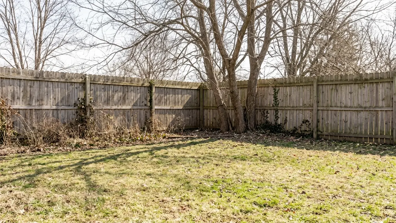 Before: a backyard with an empty corner of lawn with a few bare trees