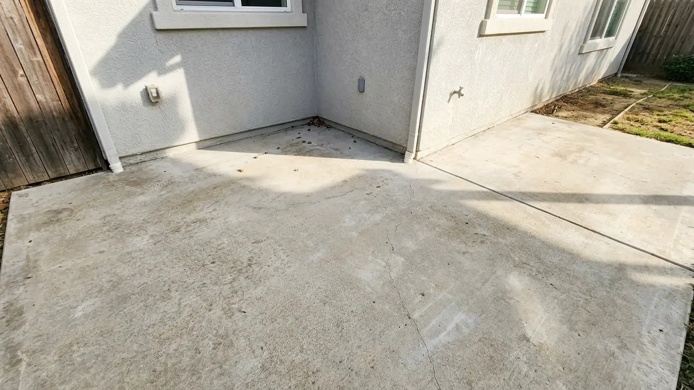 Before: a patio corner with a bare concrete patio corner with nothing built