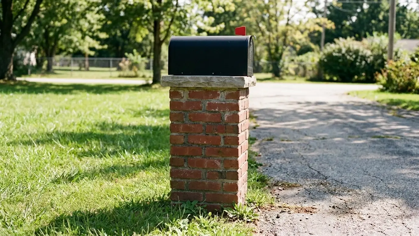 After: Wood post replaced by a brick mailbox | Music City Brick Mason After: a driveway entrance with a red brick mailbox pillar with a stone cap
