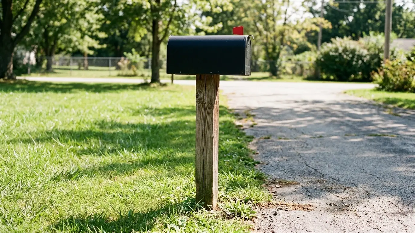 Before: a driveway entrance with a plain black mailbox on a wooden post