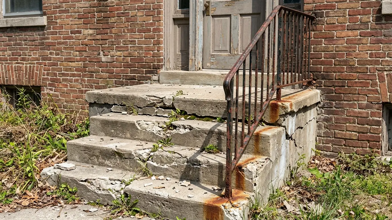 Before: a front entry with cracked, crumbling concrete steps with a rusty railing