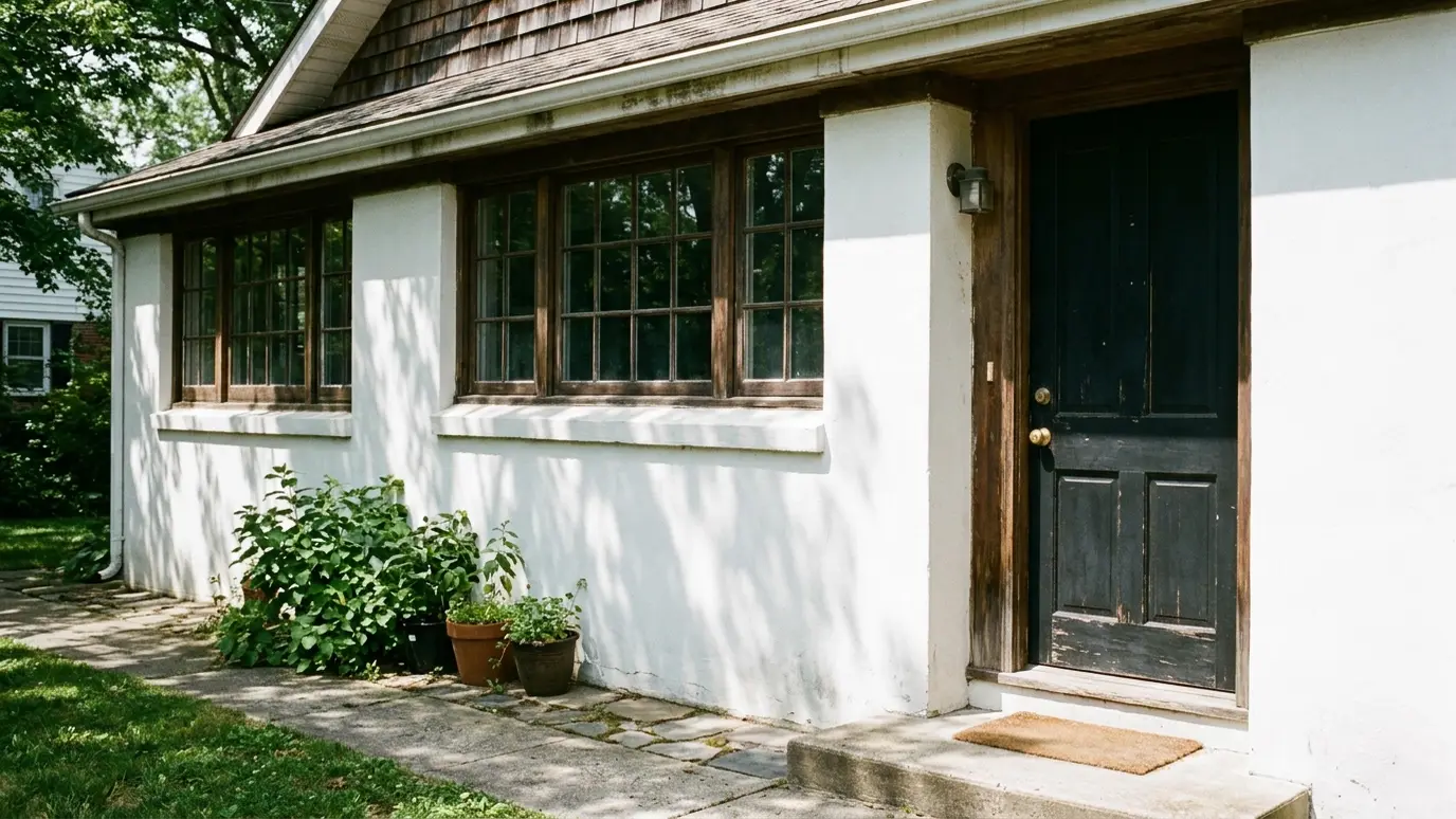Before: a house front with a plain painted white wall below the windows