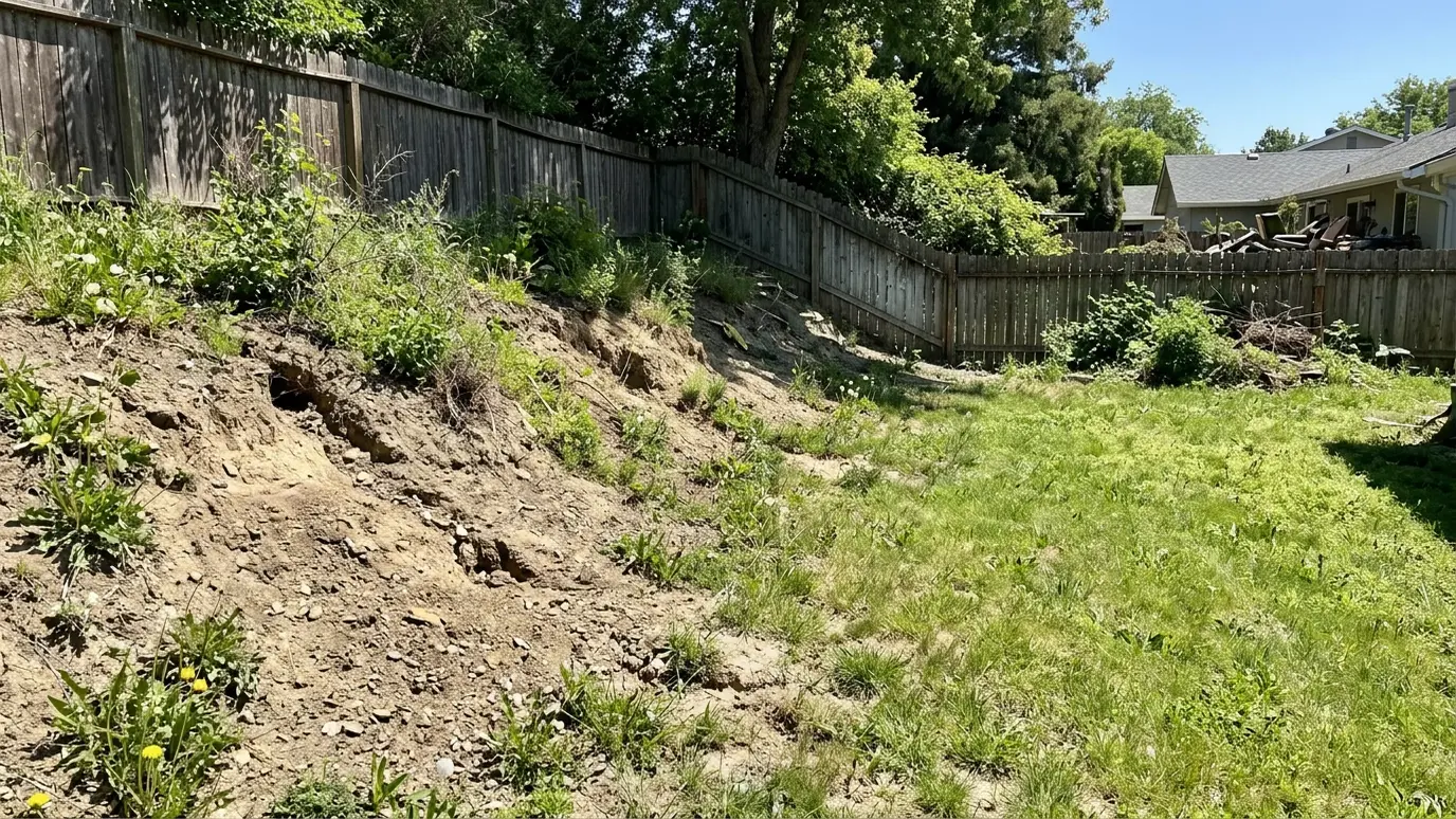 Before: a sloped backyard with an eroding bare dirt slope with weeds