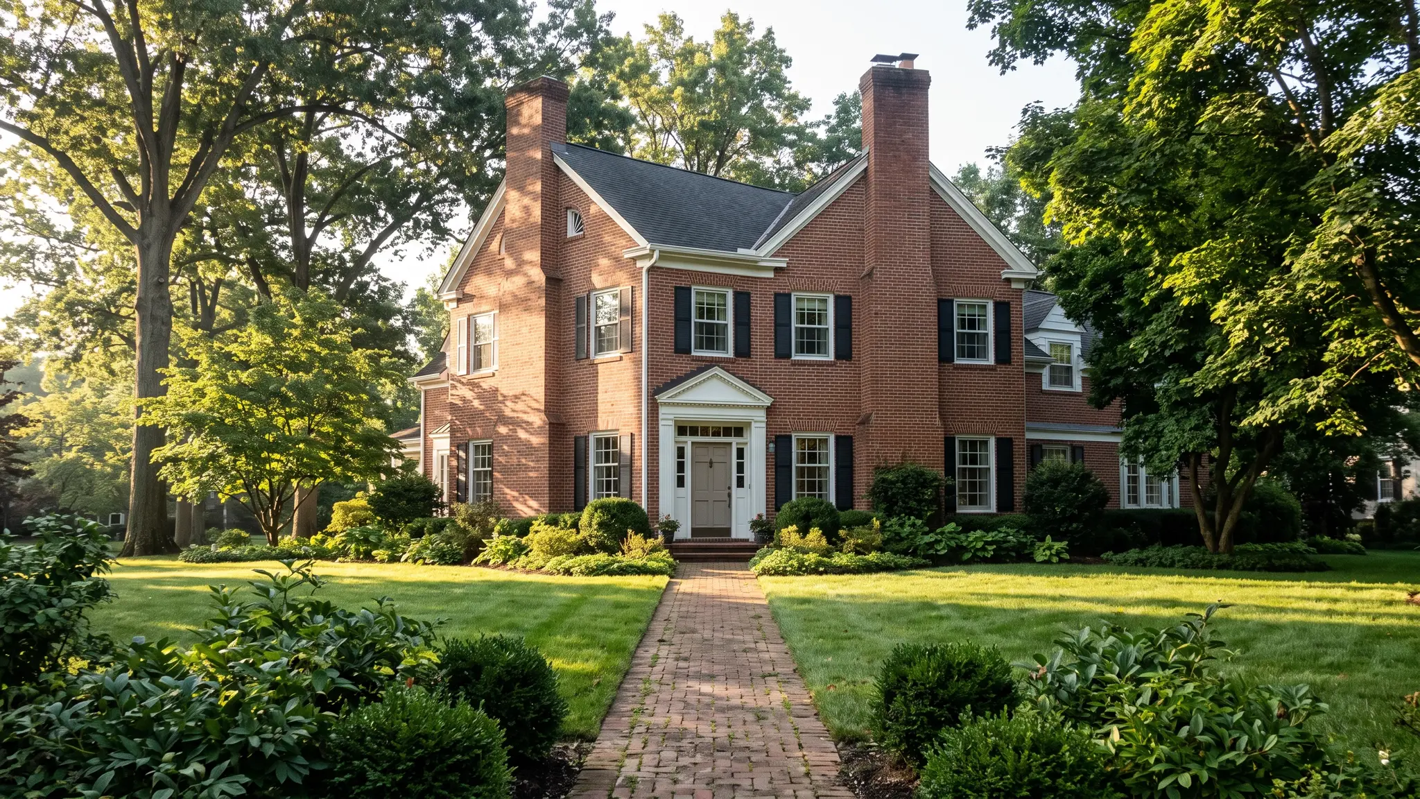 A two-story red brick colonial home with crisp light mortar joints, a tall brick chimney and a brick-paved front walk in morning light with mature trees