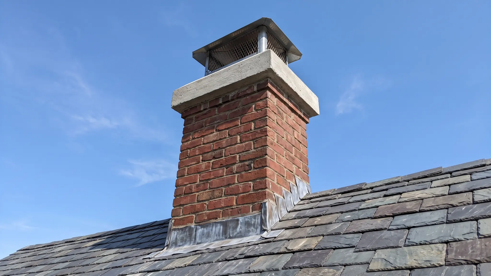 A tall red brick chimney with a fresh concrete crown and a metal cap against a blue sky above a slate roof, seen from a low angle