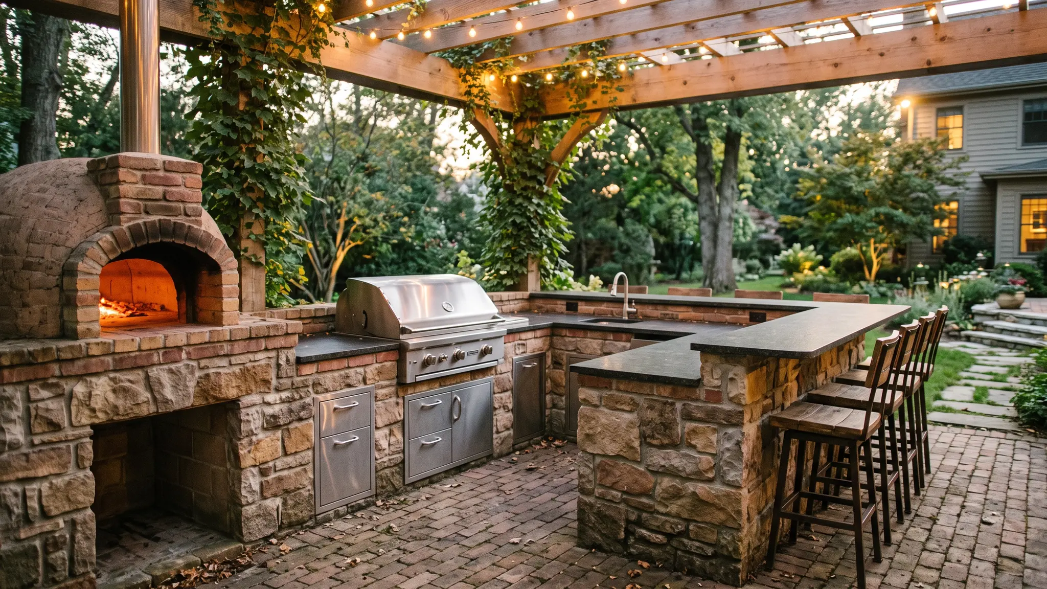 An outdoor kitchen built of brick and stone with a grill island, a brick pizza oven and bar seating in evening light