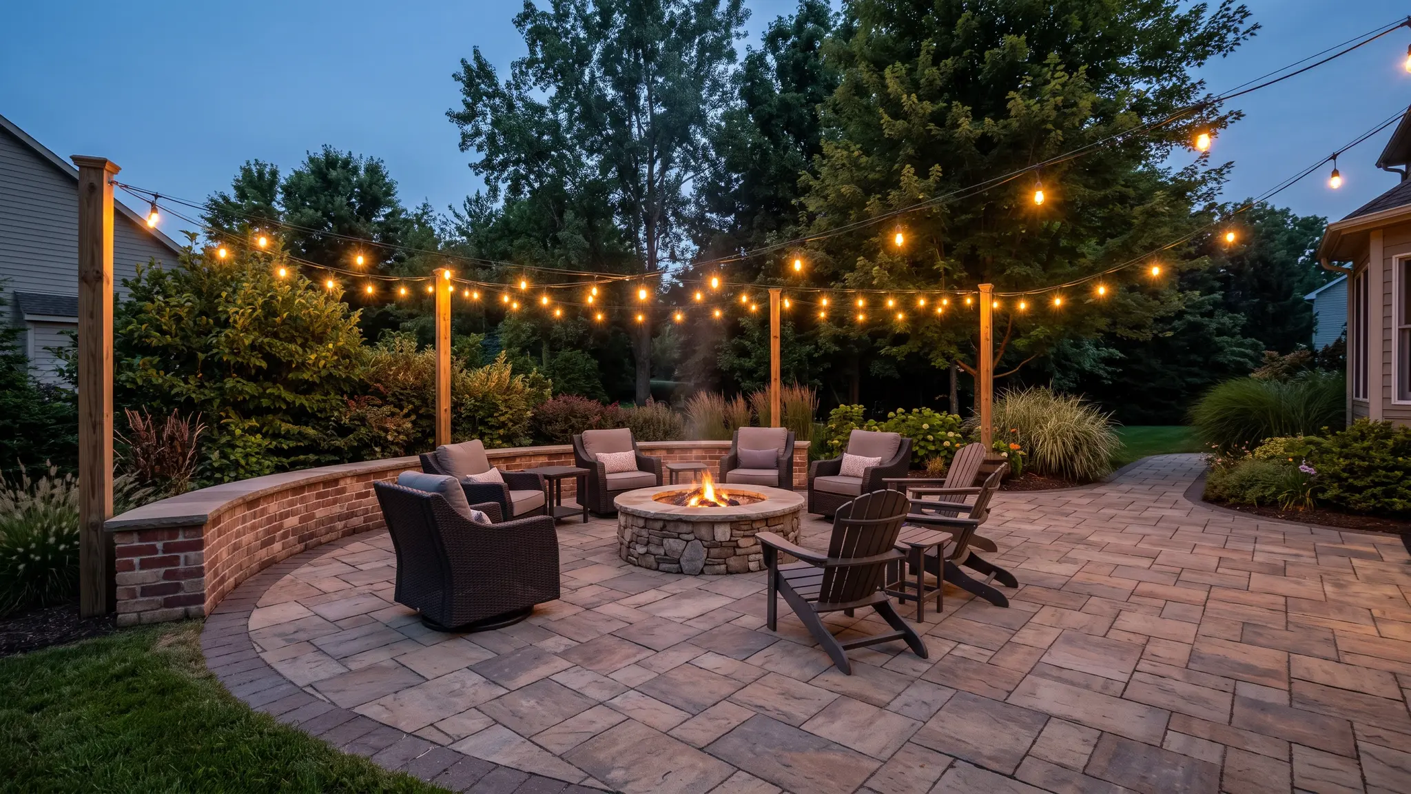 A large paver patio with a curved brick seat wall and a stone fire pit with lounge chairs at dusk with warm string lights