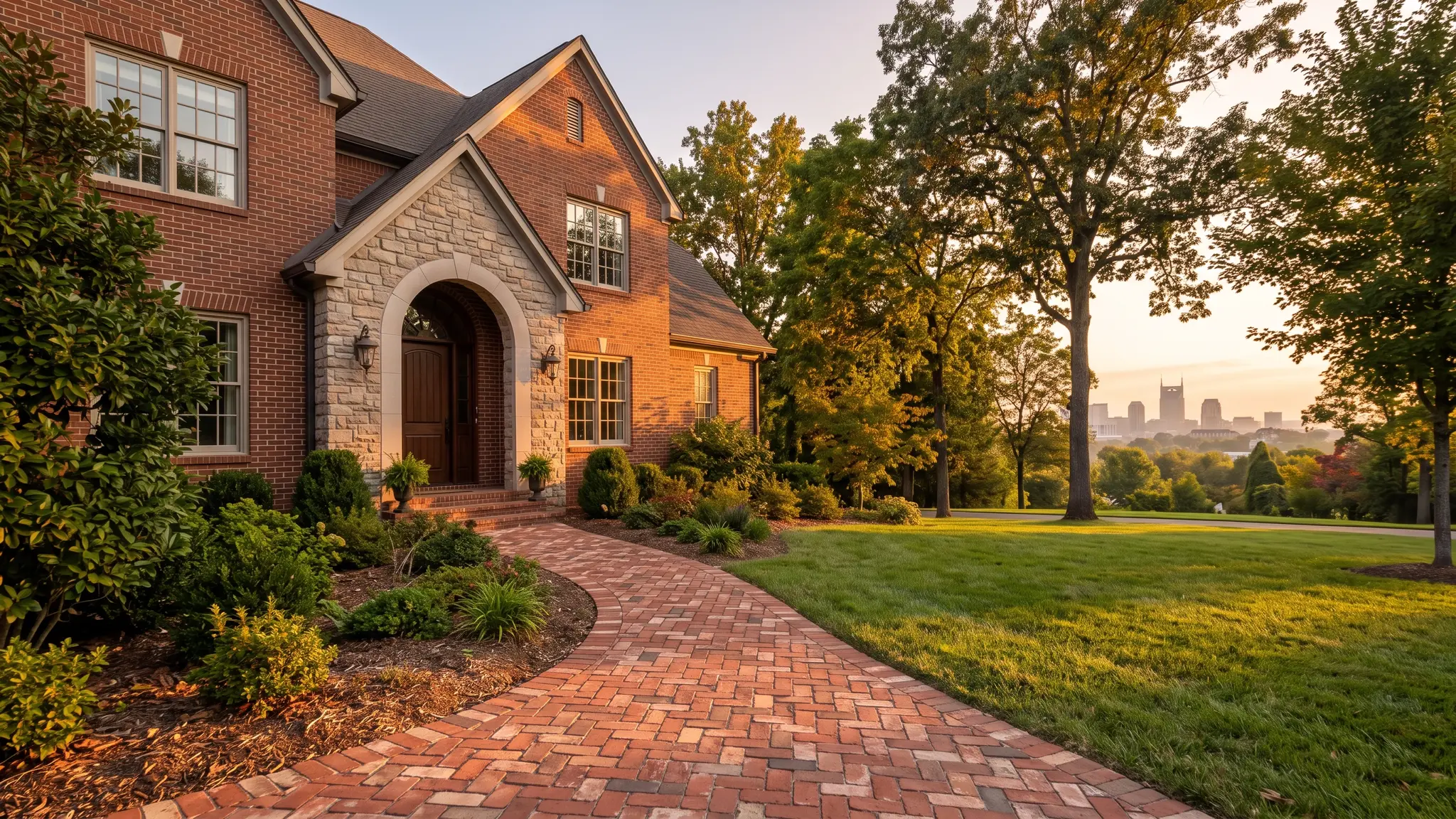 A handsome red brick home with a stone-trimmed arched entry and a new herringbone brick walkway at golden hour, with the Nashville skyline softly visible in the distance