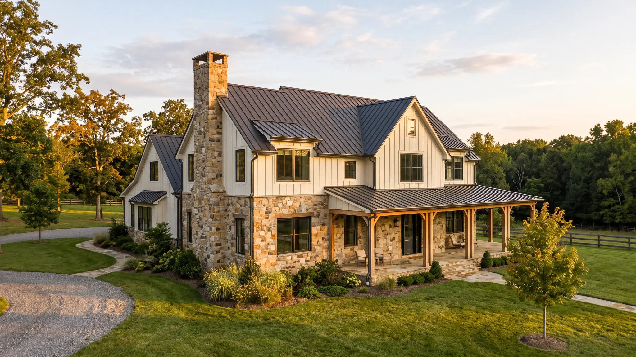 A modern farmhouse with a natural stone veneer lower facade and a stone chimney in warm afternoon light