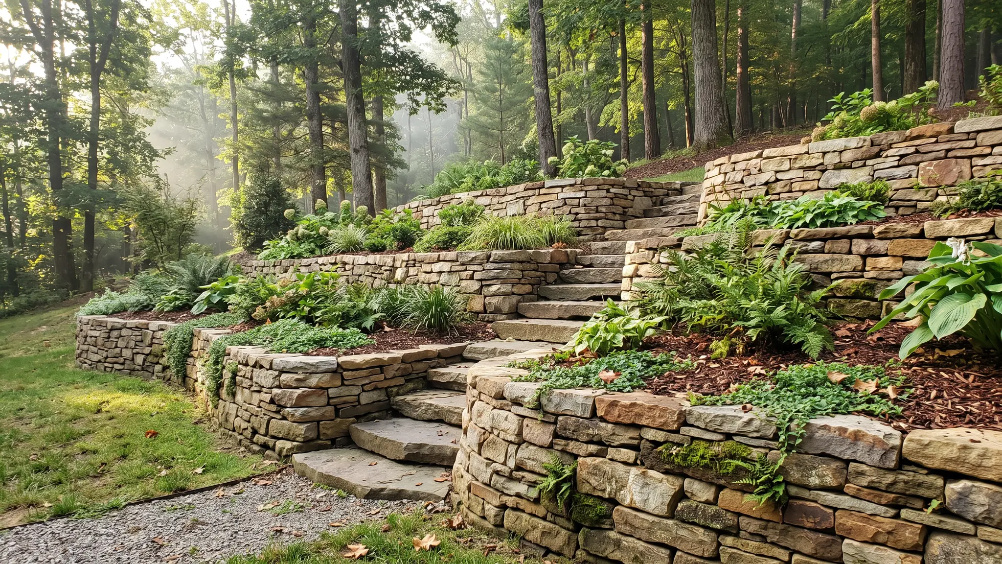 A tiered natural stone retaining wall terrace with planted beds and stone steps on a sloped Tennessee backyard in soft morning light