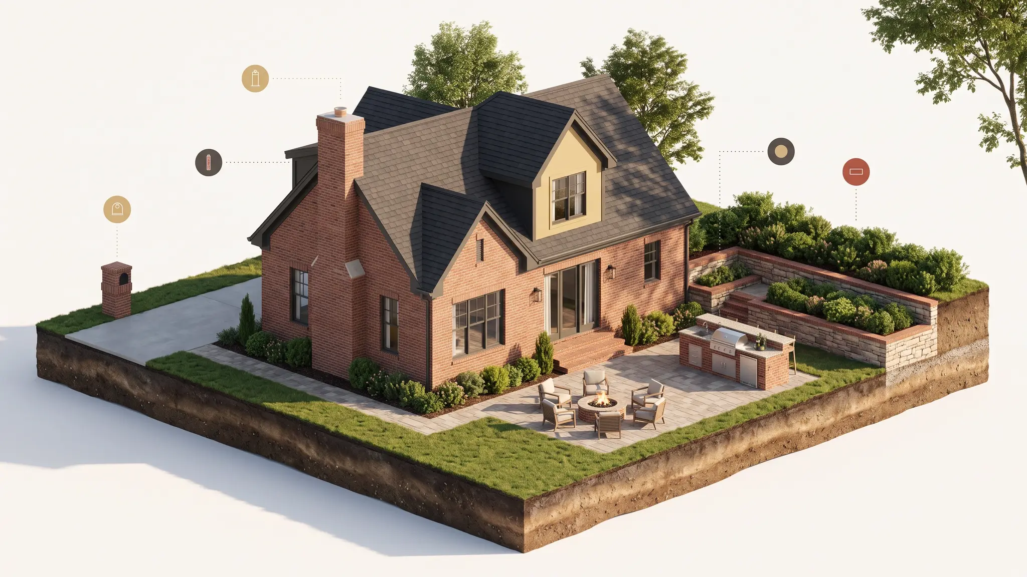 A cutaway illustration of a brick house exterior showing a chimney, a patio with a fire pit, an outdoor kitchen, a retaining wall and a brick mailbox with small marker icons