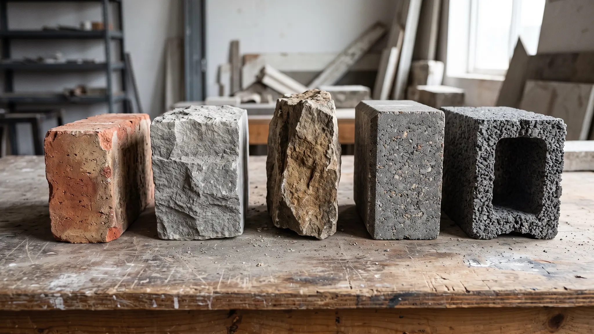 A row of masonry material samples on a table: red clay brick, gray limestone, rough fieldstone, a concrete paver and a concrete block