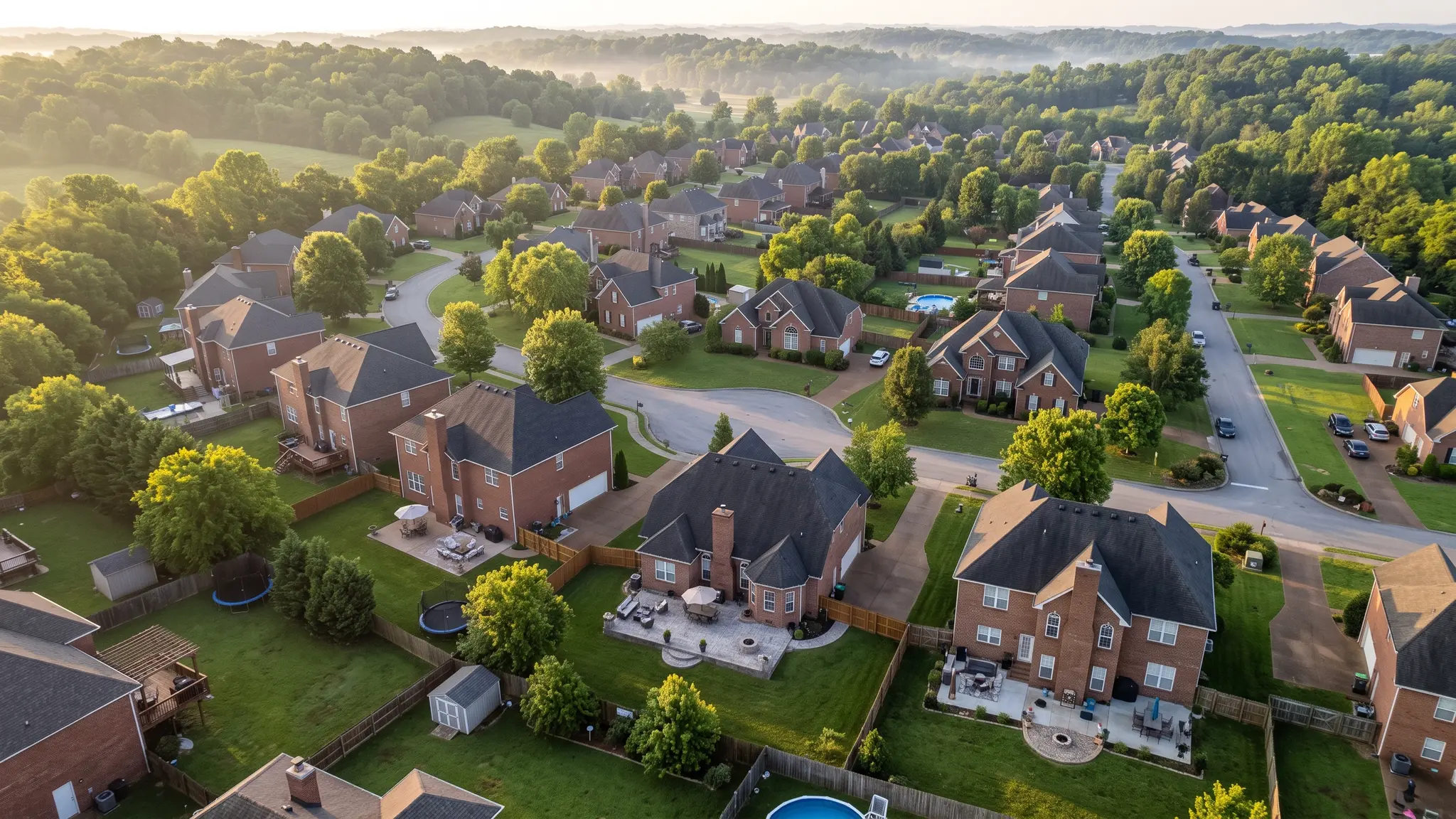 Masonry gallery | Music City Brick Mason An aerial view of a Tennessee neighborhood with brick homes, chimneys and backyard patios in soft morning light