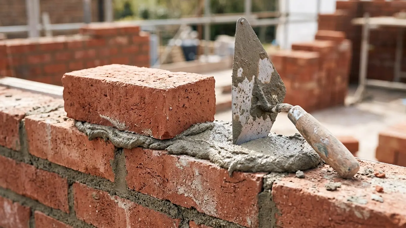 Prepare the site A red brick being set in a fresh mortar bed with a trowel on a half-built brick wall in bright light