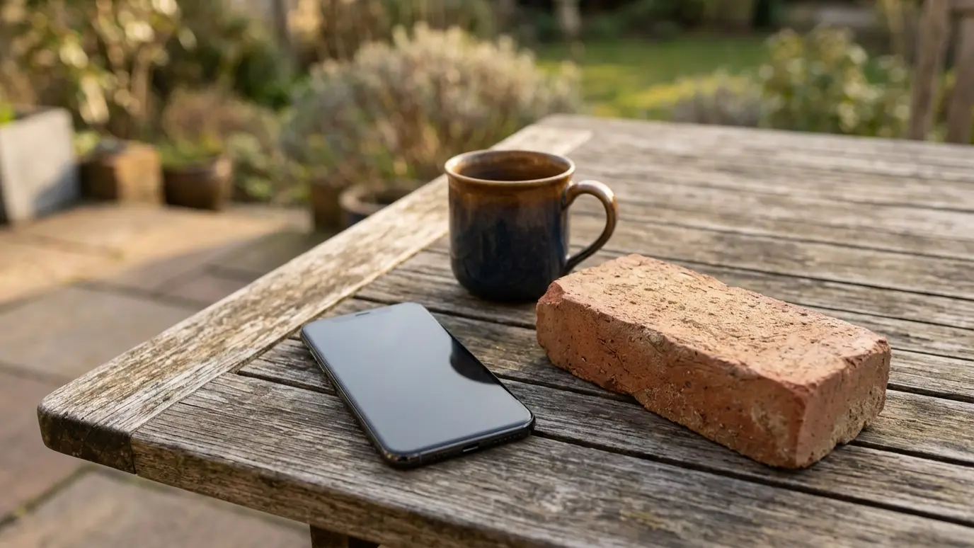Call and schedule A smartphone with a blank dark screen on a patio table beside a coffee mug and a red brick sample in soft warm light
