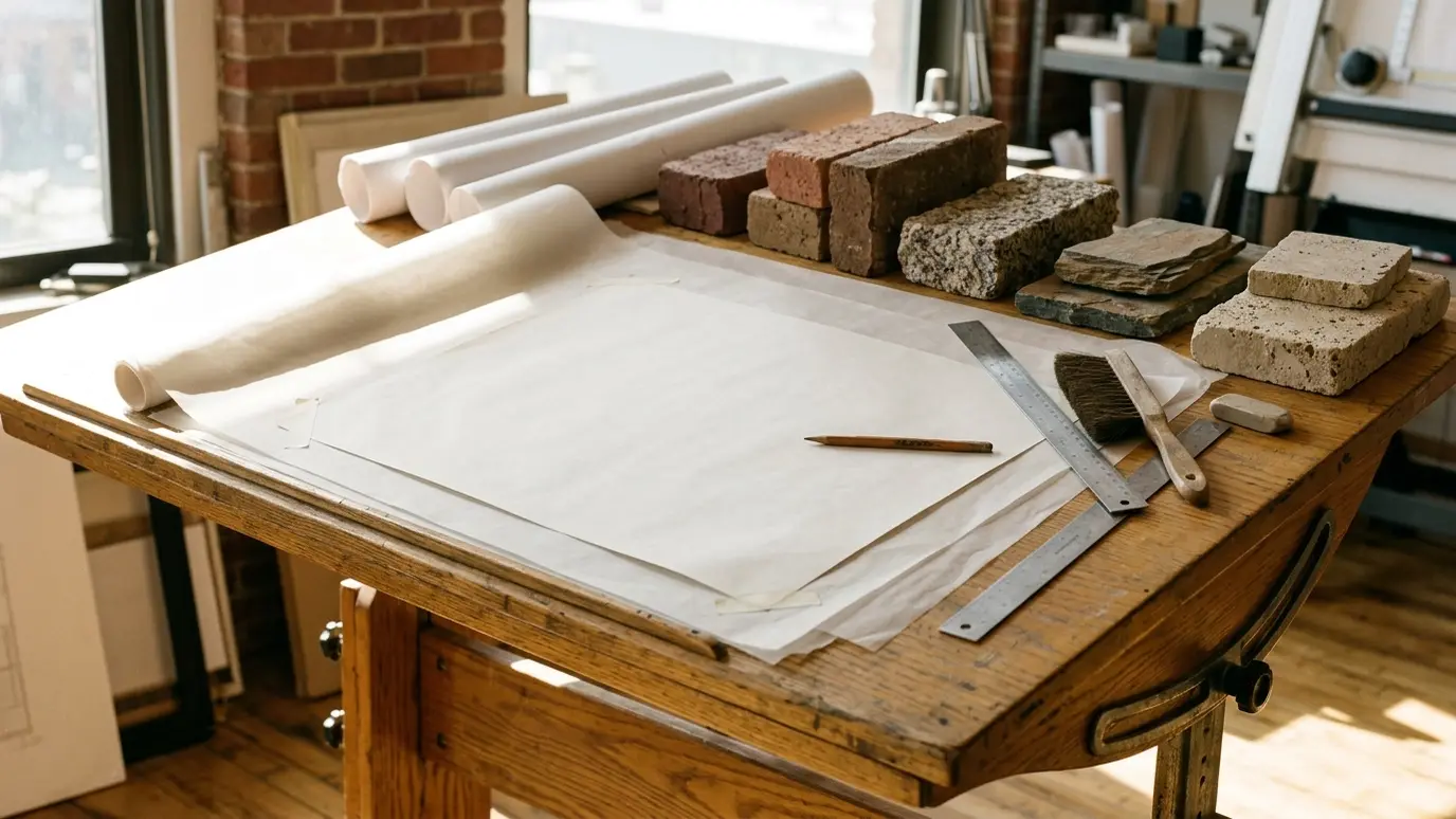 Visit and design A drafting table with blank drawings, brick and stone samples and a pencil in bright light
