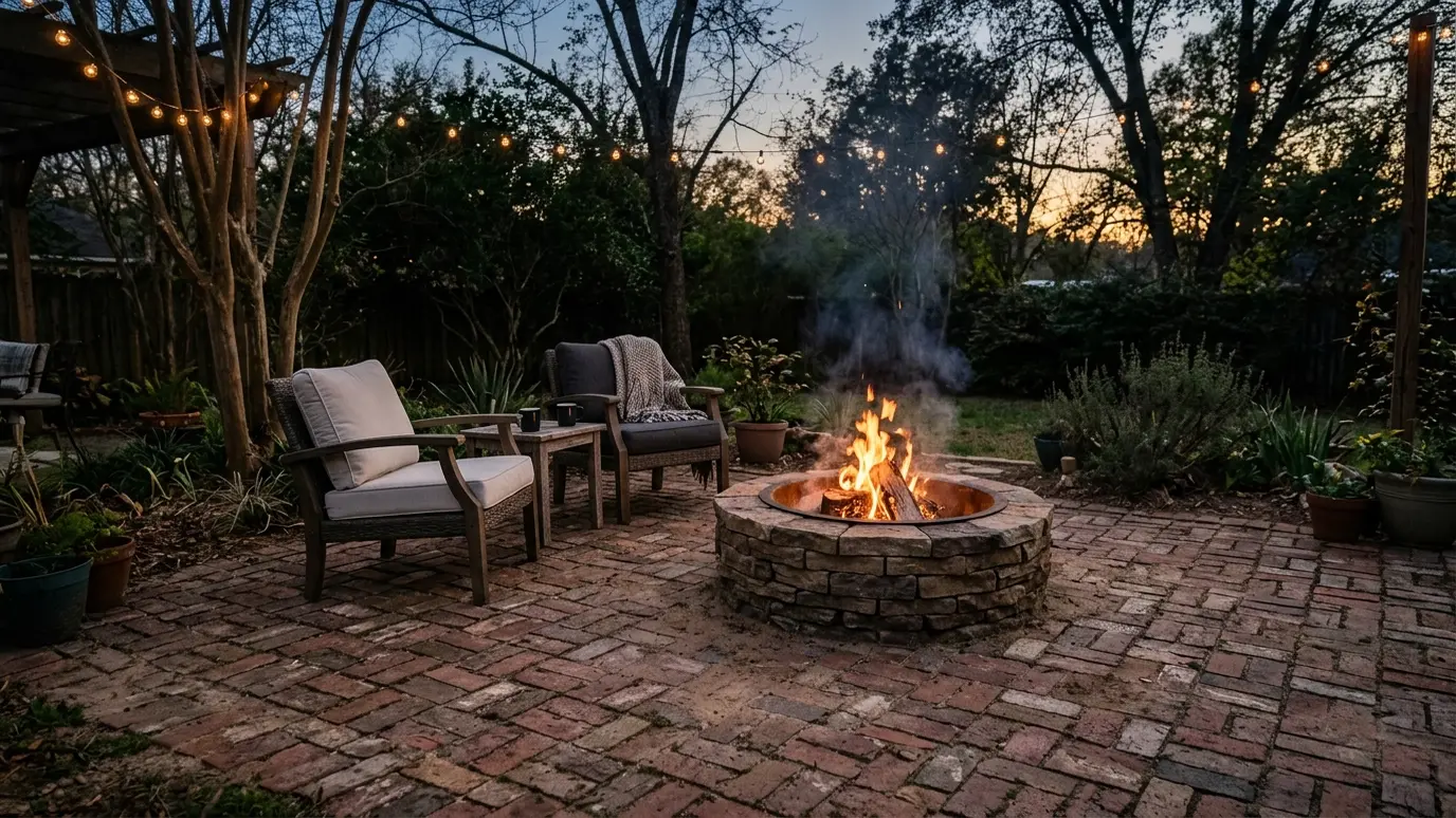 Finish and walk through A finished brick patio with a glowing fire pit and two chairs at dusk in warm light