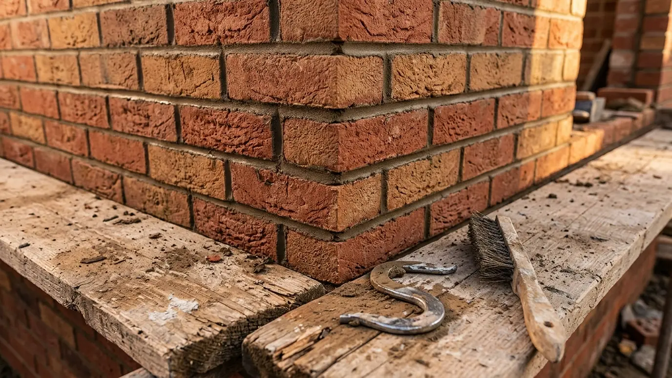 Build course by course A freshly jointed brick wall corner with a jointing tool and a wire brush resting on a scaffold plank in warm light