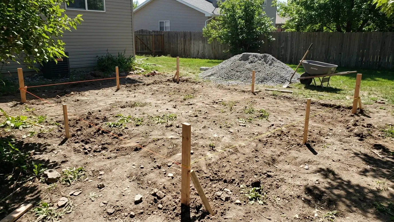 Measure and plan String lines and wooden stakes marking a patio layout on bare ground with a pile of gravel base nearby in bright light