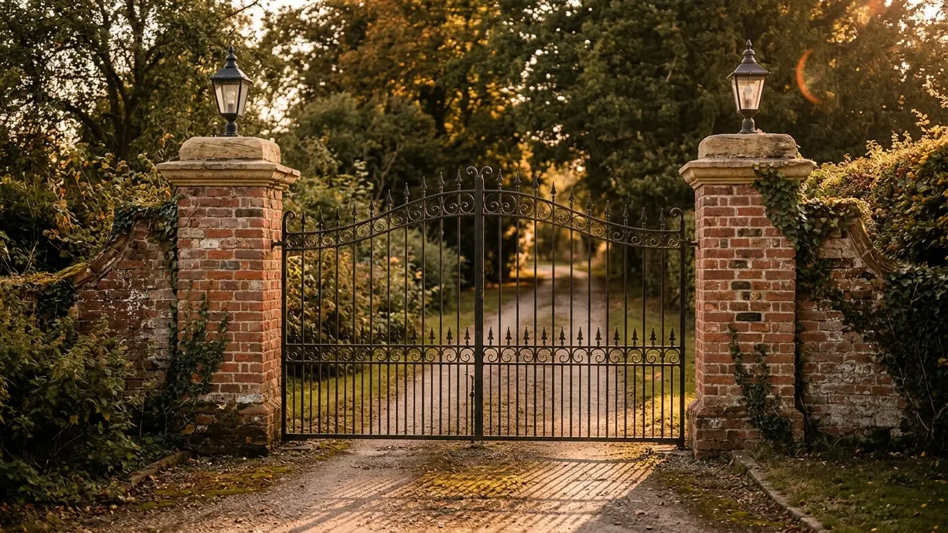 Two red brick gate pillars with stone caps and an iron gate Two red brick gate pillars with stone caps and an iron gate