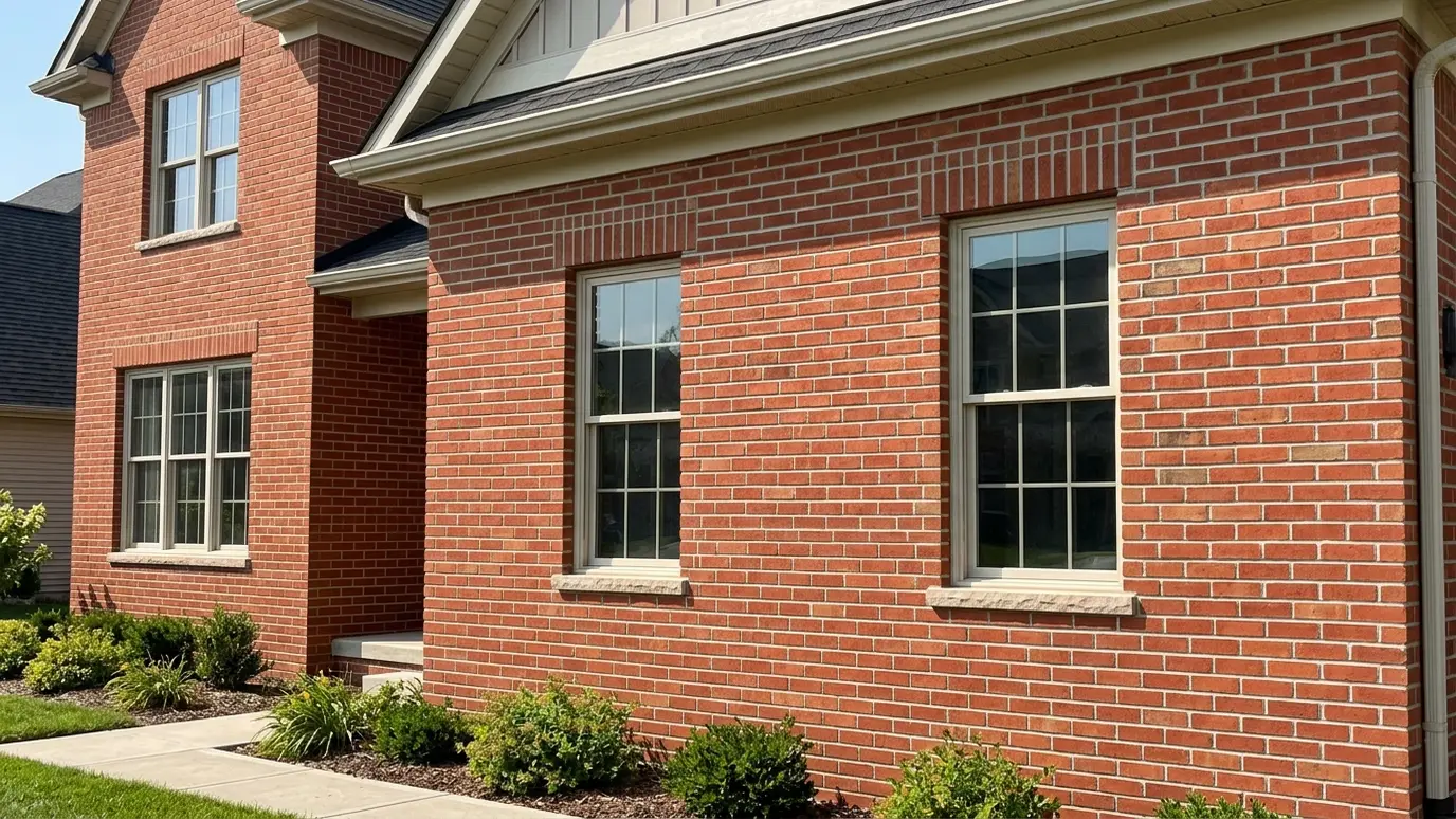A new red brick veneer facade with neat courses and a soldier course above the windows A new red brick veneer facade with neat courses and a soldier course above the windows