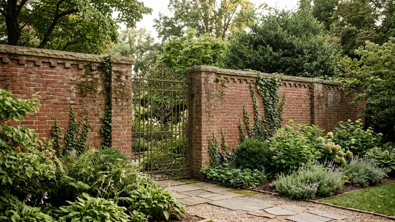 A tall red brick garden wall with a capped top and an iron gate A tall red brick garden wall with a capped top and an iron gate