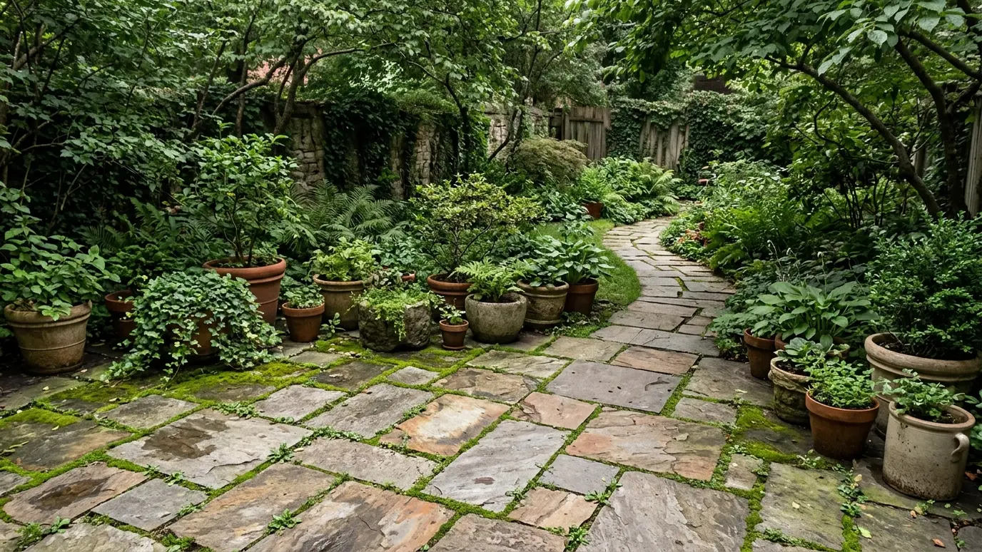 A flagstone patio and winding walkway with moss between the stones A flagstone patio and winding walkway with moss between the stones