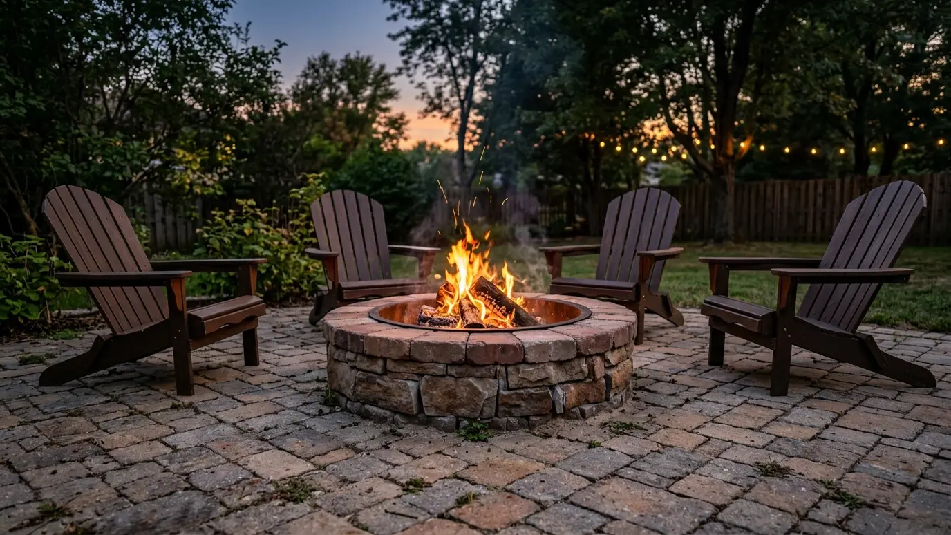 A round stone fire pit with glowing flames and four chairs on a paver patio A round stone fire pit with glowing flames and four chairs on a paver patio