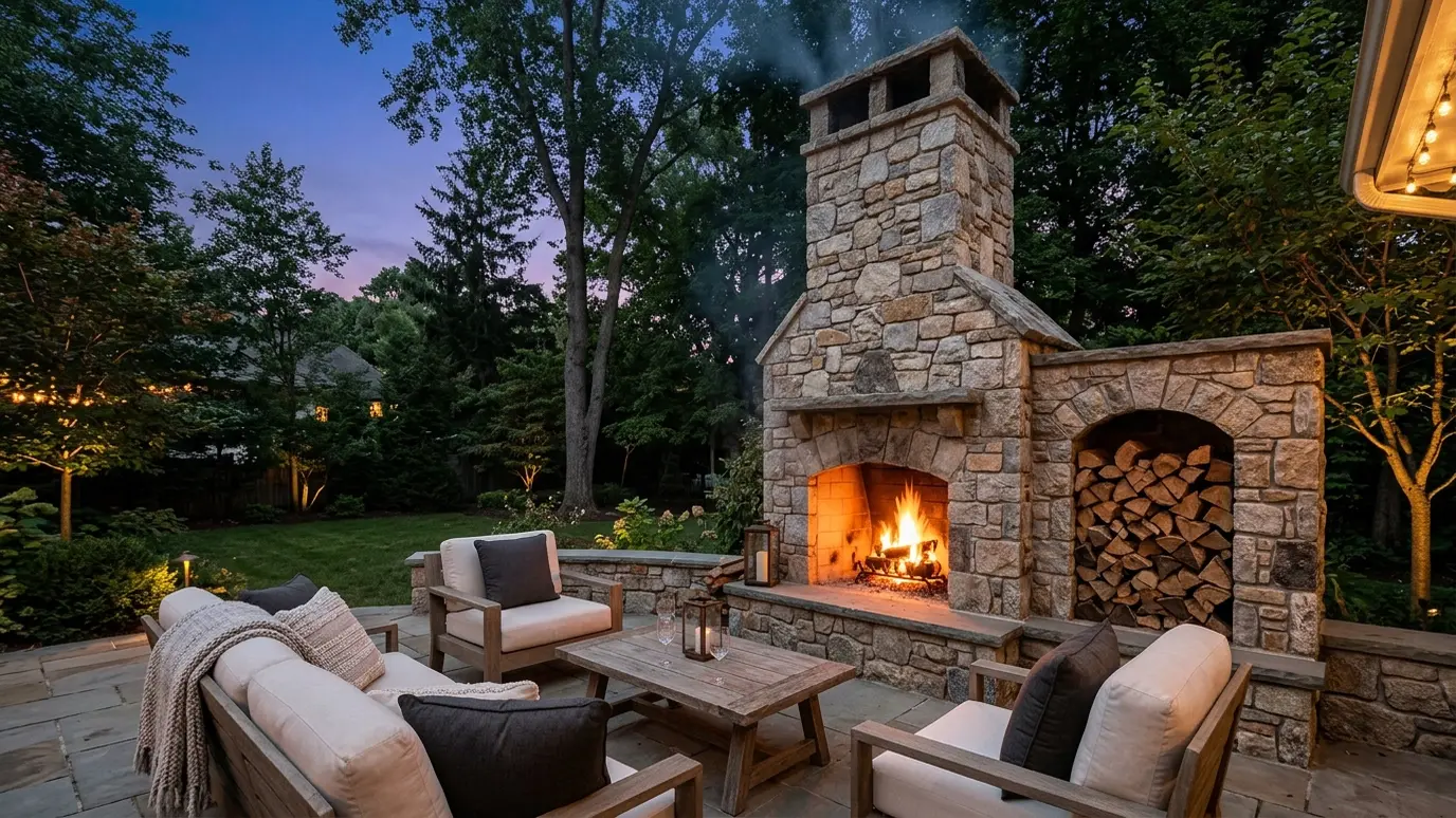 A tall stone outdoor fireplace with a chimney and a wood niche A tall stone outdoor fireplace with a chimney and a wood niche